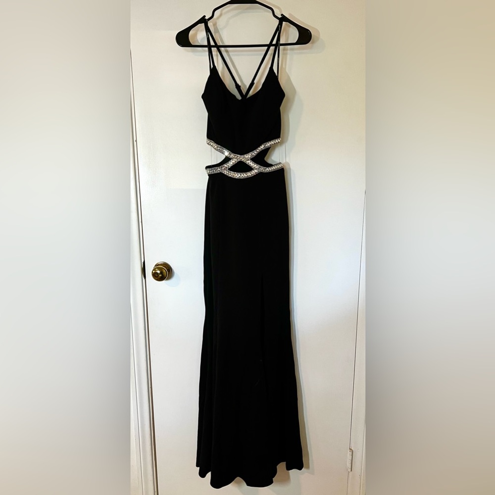 Speechless Black Rhinestone High Slit Cut Out Gown